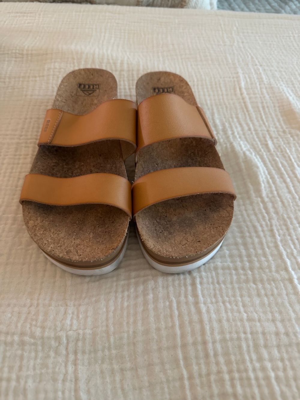 Reef Tan Double-Strap Slide Sandals with White Platform Sole
